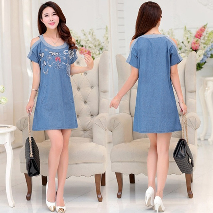 ĐẦM JEAN SUÔNG KHOÉT VAI THÊU HOA